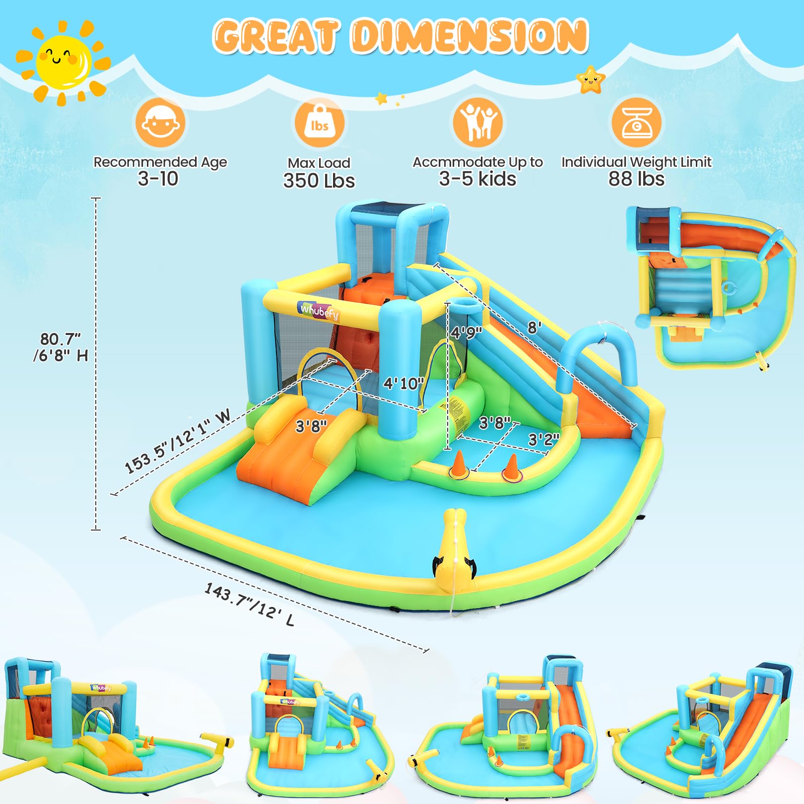 Whubefy Inflatable Bounce House Water Slide, 13 in 1 Mega Blow Up Water Park Bounce Castle - 550W Blower 2 Slides Dual Pool Jump Area Water Arche 5
