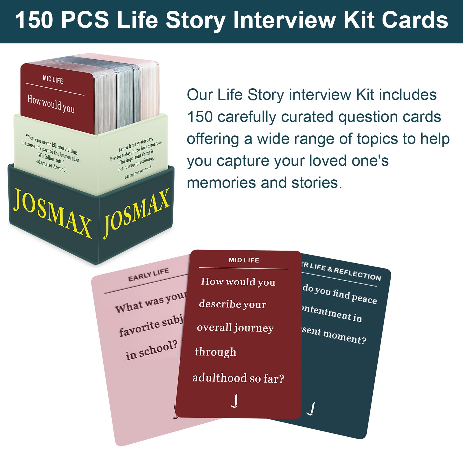 JOSMAX 150 Pcs Life Story Interview Kit Cards, Family Conversation Card, Life Story Interview Kit, Get to Know Parents and Grandparents for Family