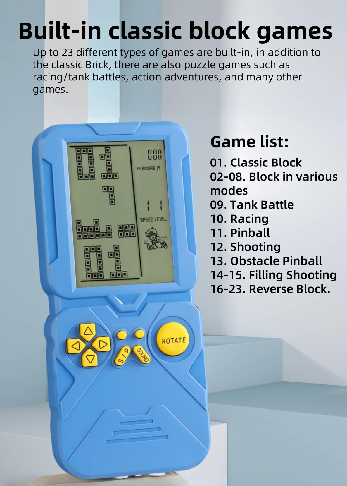 LZYCH 4.5-inch Block Retro Game Console Suitable for European/American Players Built-in 23 Games Racing/Tank war Adjustable Difficulty/Speed Gifts for