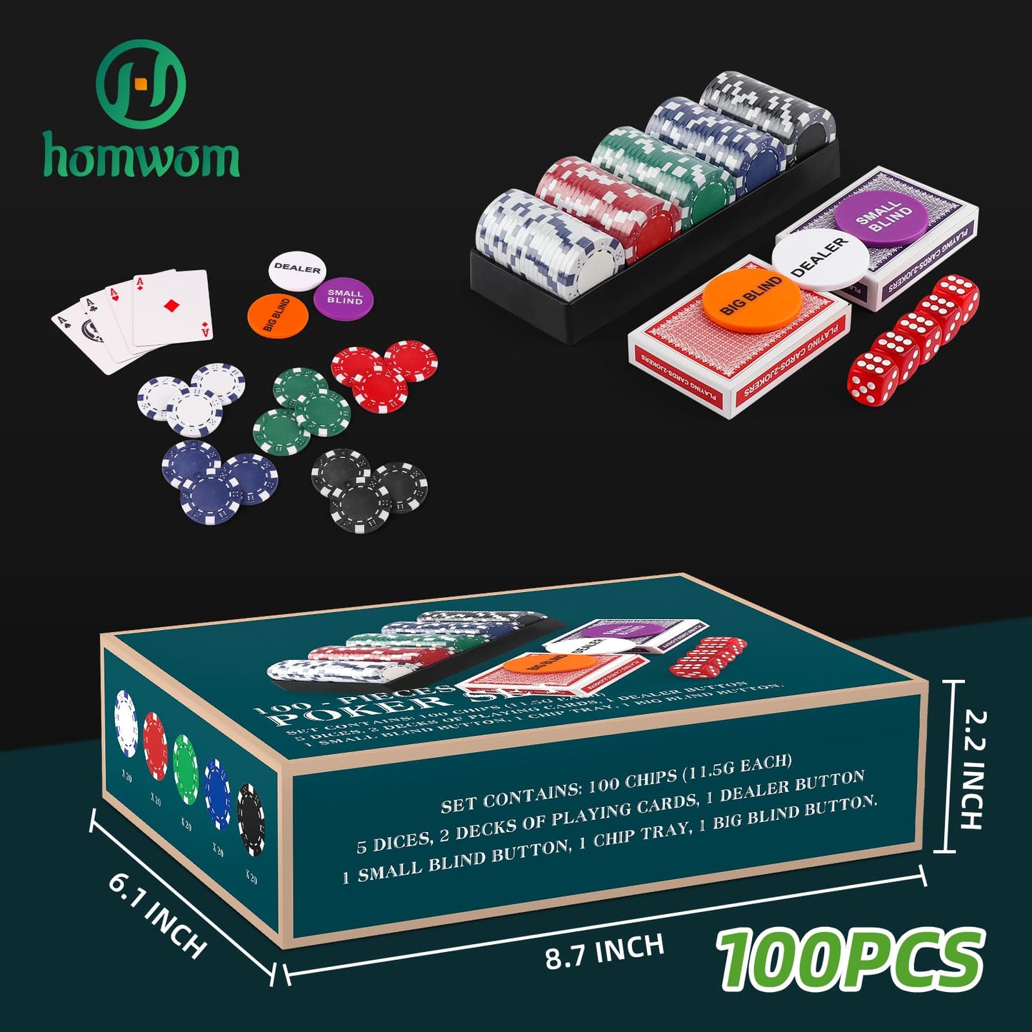Homwom Poker Chip Travel Set, 100PCS 5 Color Professional Poker Chips in Cardboard Gift Box, 11.5 Gram Clay Composite Casino Poker Chips for Casino