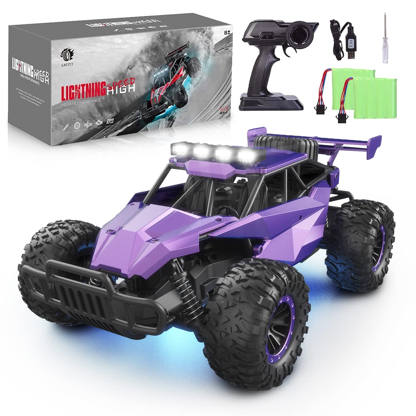 LARVEY 1:16 Scale Purple Remote Control Car, 20 Km/h High Speed Girls Remote Control Car Monster Vehicle with LED Headlights and Chassis Lights, RC