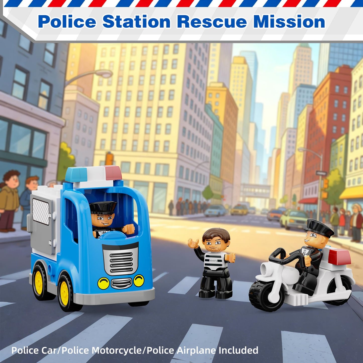 Rescue Police Station Toy, 76Pcs Classic Big Building Blocks Compatible With All Major Brand, Push & Go Car Toy w/Police Motorcycle/Car/Airplane