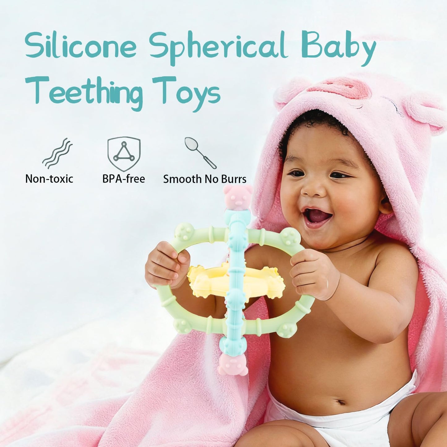VISEWI Silicone Teething Toys for Babies 3-6 Months, 2 Pack Infant Food Grade Teether Balls with Easy Hold Handle, Detachable Baby Chew Toy