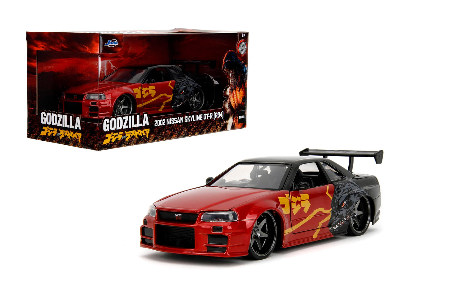 Jada Godzilla 2003 Nissan Skyline GTR R34 - 1:24 Scale Die-Cast, Opening Doors, Hood, Trunk, Rubber Tires - Collectible for Adults - Toho Licensed