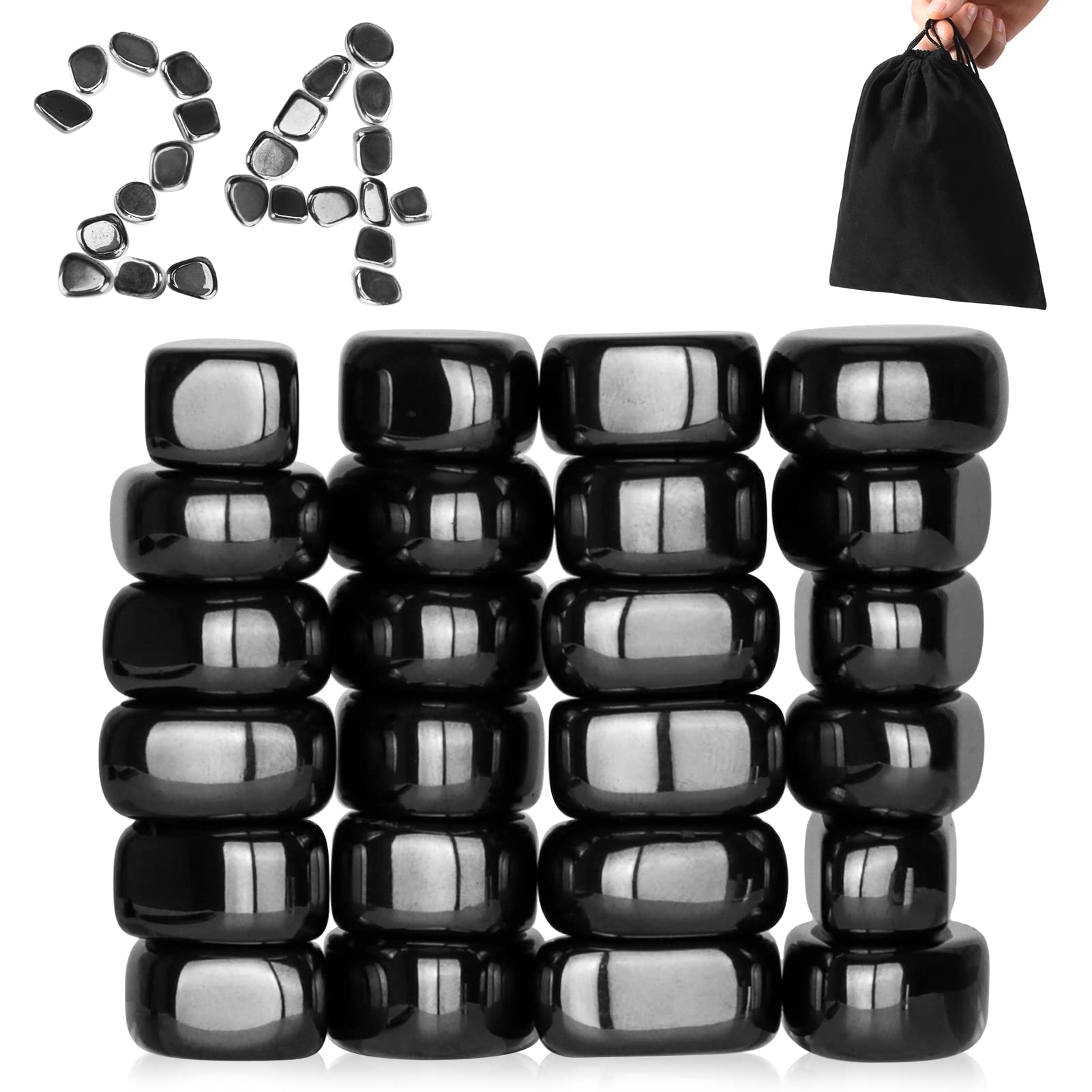 Moonhua 24Pcs Black Fridge Hematite Magnetic Stones Kit, DIY Irregular Polished Refrigerator Magnets for Home Office Kitchen, Educational Science Kit