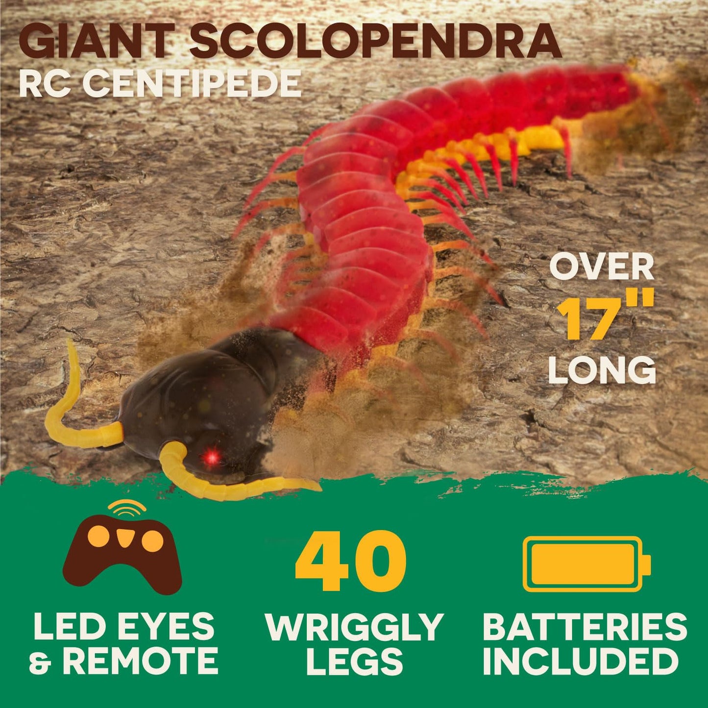 Terra by Battat - Remote Control Centipede Toy for Kids - RC Giant Scolopendra with LED Eyes - Electronic Arthropod Animal & Fast Moving Legs - 6