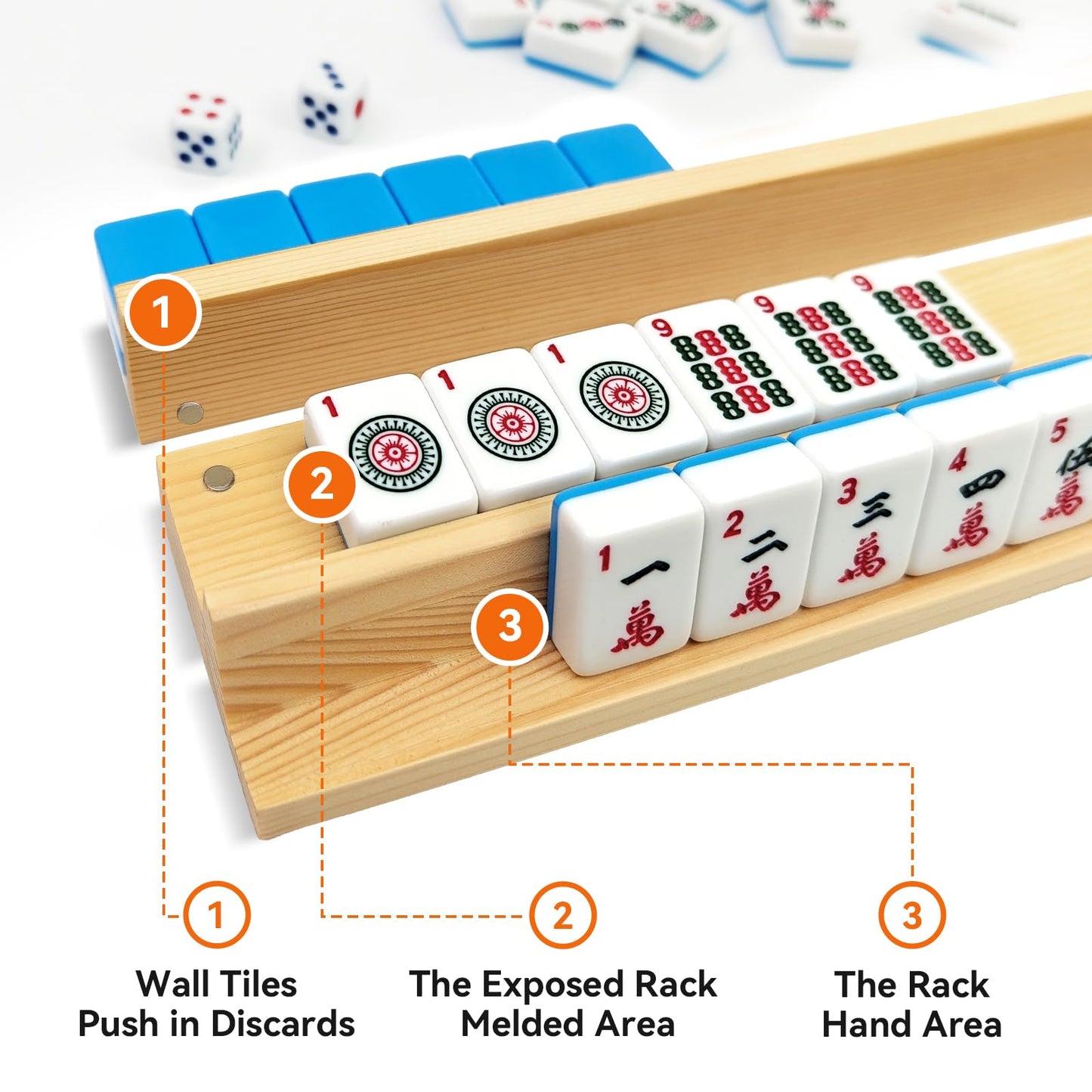 apinud Mahjong Racks with Magnetic Pushers for American Mahjong, 17.3 Inch Wooden Tile Holder Set of 4, Adult Card Game Accessories with Dice