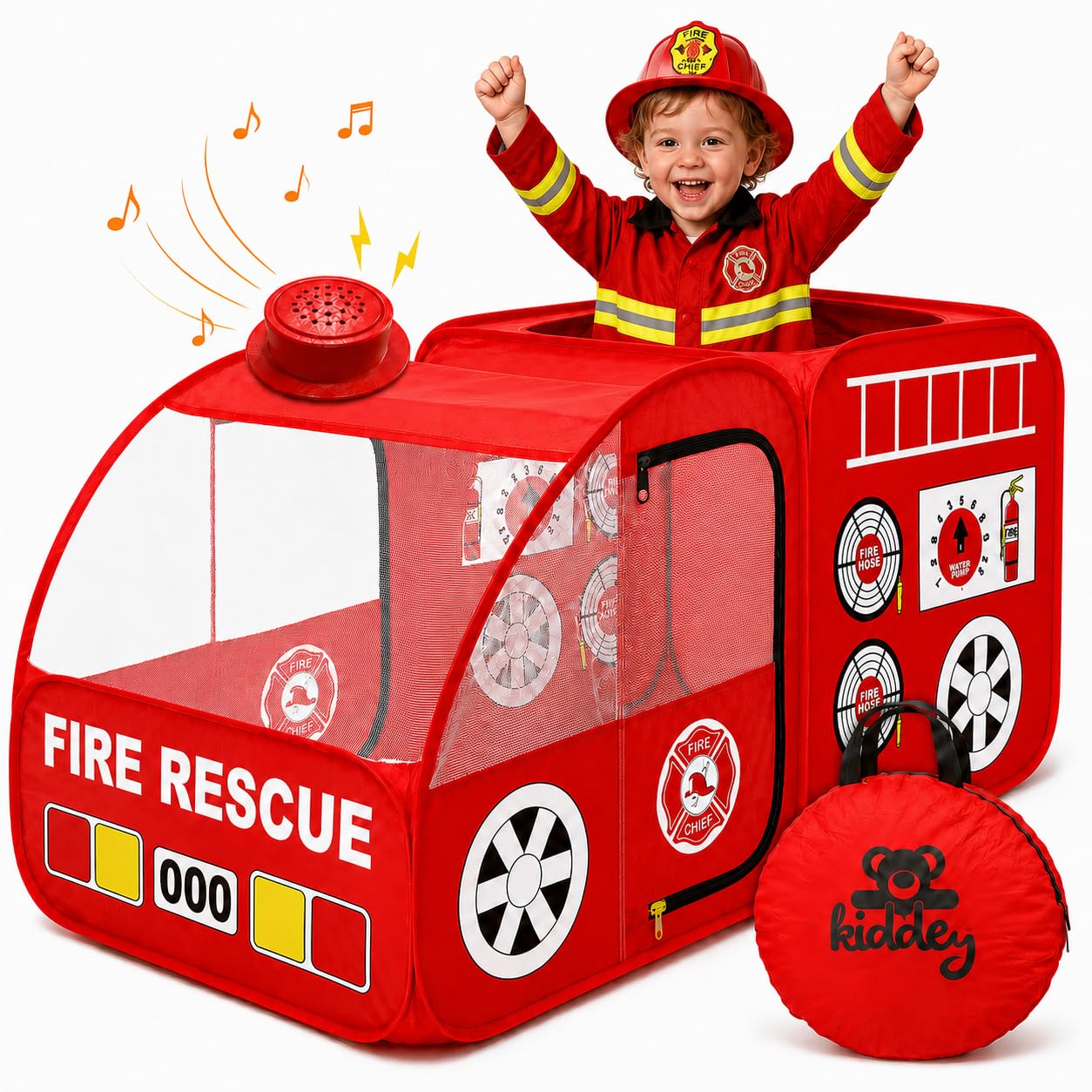 Kiddey Fire Truck Play Tent for Kids - Firetruck Tents with Sirens and Fireman Sound Button for Girls, Boys, & Toddlers Gifts - Red Fire Engine Pop Up