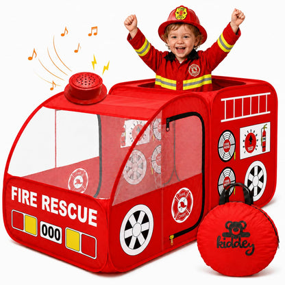 Kiddey Fire Truck Play Tent for Kids - Firetruck Tents with Sirens and Fireman Sound Button for Girls, Boys, & Toddlers Gifts - Red Fire Engine Pop Up