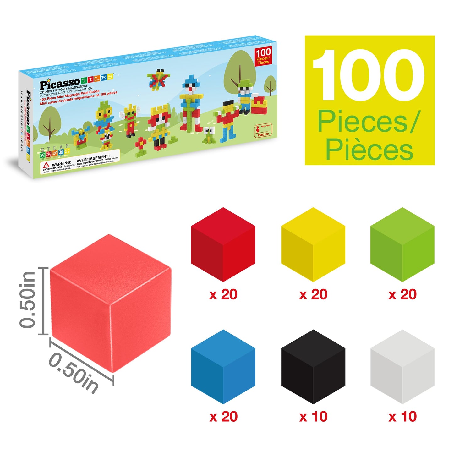 PicassoTiles 100pcs 0.5” Pixel Magnetic Puzzle Cube Mix & Match Cubes Sensory Toys STEAM Education Learning Building Block Magnets Children