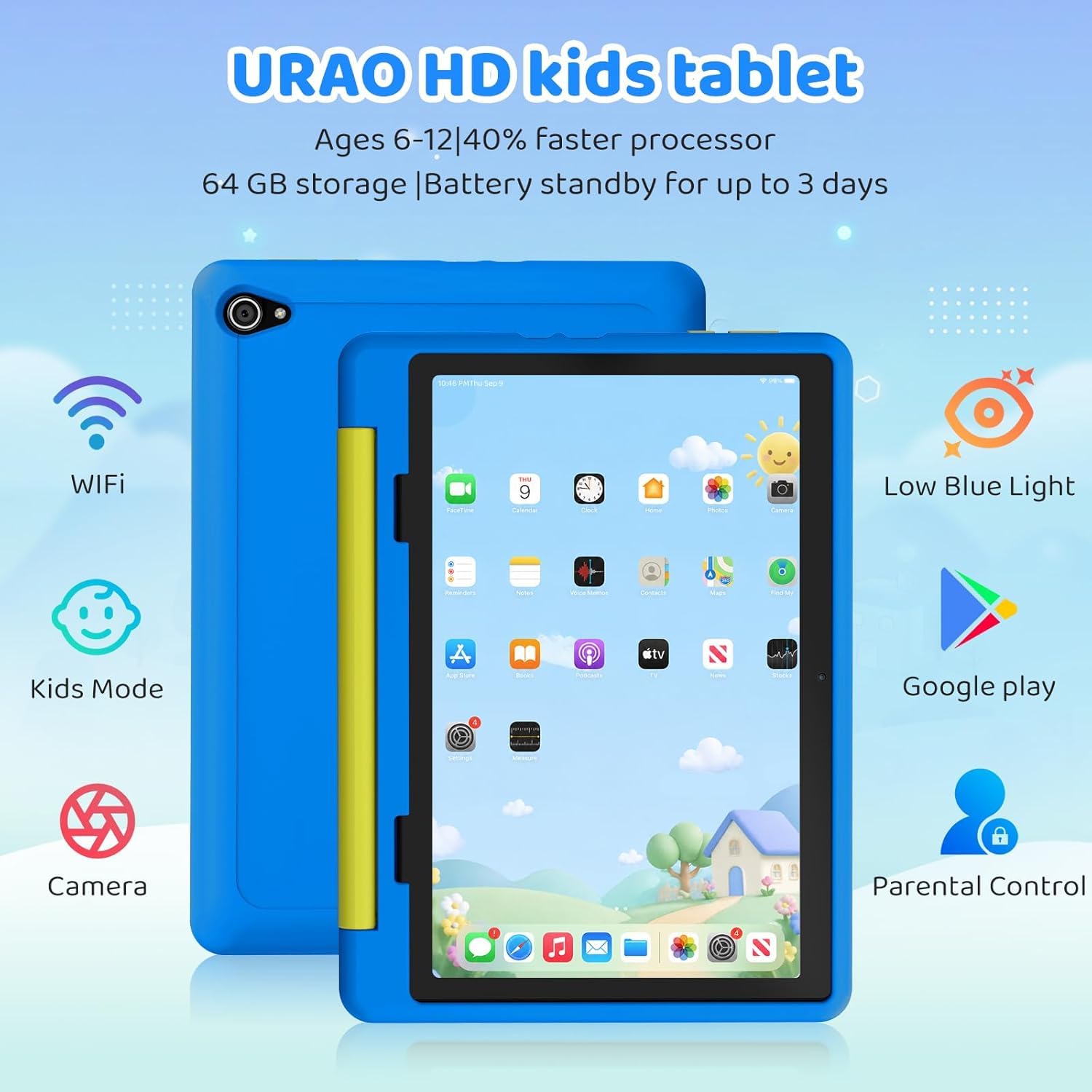 URAO Kids Tablet, Android 16 Tablet for Kids 10 inch with Case, 64GB 1TB TF Card Expandable for Toddler Children, Parental Control, Dual Camera