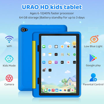 URAO Kids Tablet, Android 16 Tablet for Kids 10 inch with Case, 64GB 1TB TF Card Expandable for Toddler Children, Parental Control, Dual Camera