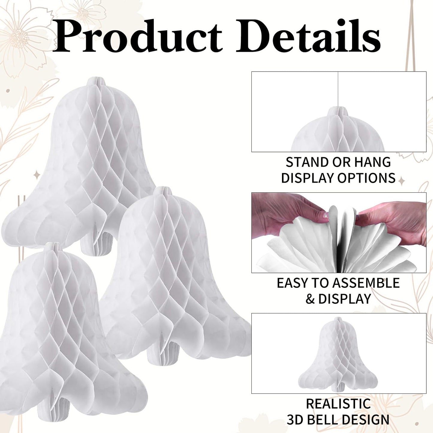 5 Pack 11.8 Inch Bell Paper Honeycomb Decorations, Hang Bridal Tissue Centerpieces, 3D White Bell Ornaments for Wedding, Christmas, Holiday, Winter
