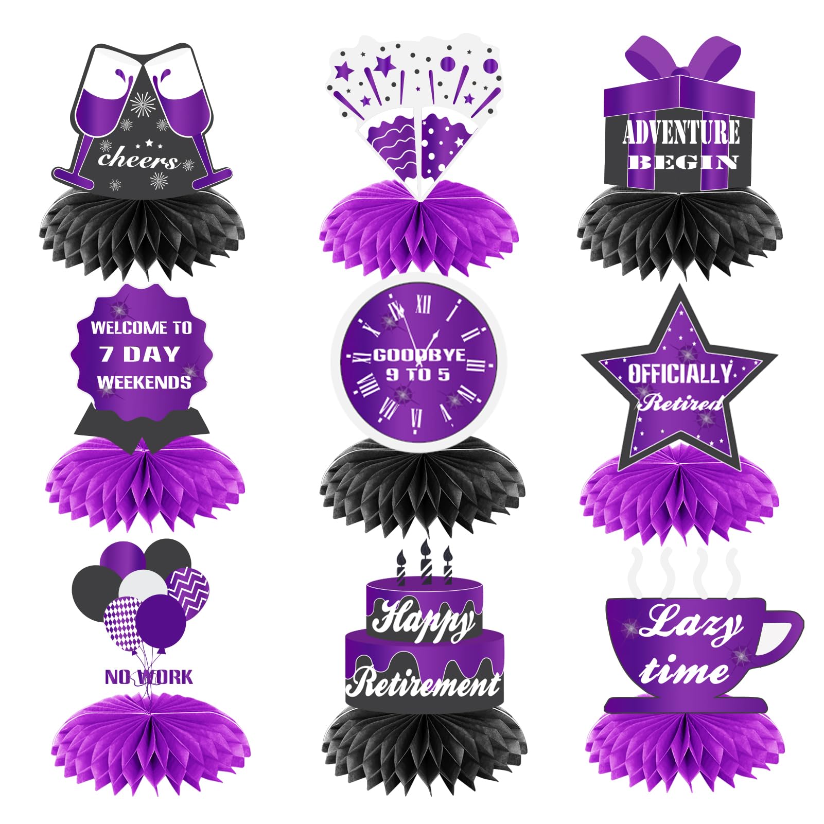 WINPOGEE 9Pcs Purple Black Happy Retirement Decorations Table Honeycomb Centerpieces Party Supplies Adventure Awaits Sign for Men Retired Decor