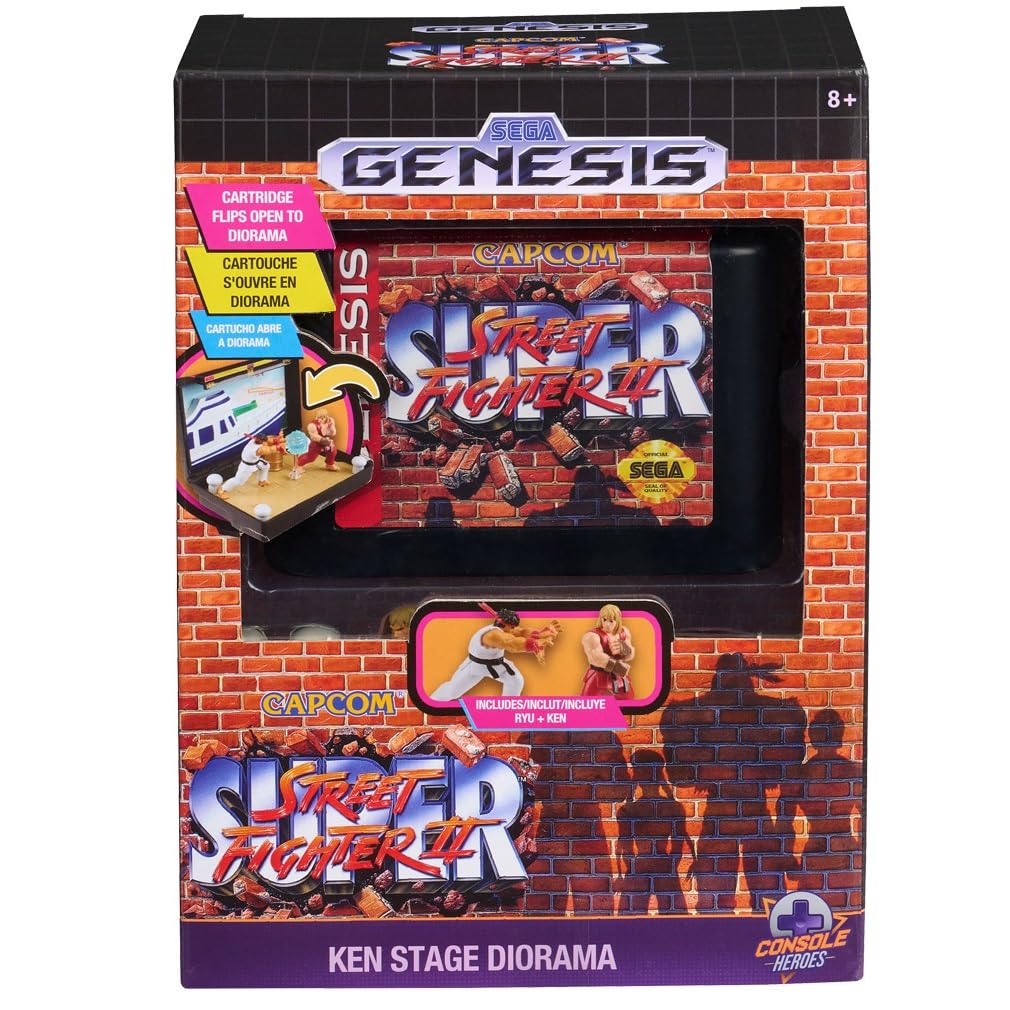 Console Heroes Super Street Fighter II Collectible Diorama - Mini Ryu & Ken Figures with Dock Stage Scene - Retro SEGA Genesis Cartridge Display &