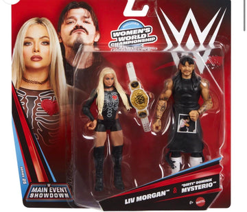 Mattel WWE Main Event Showdown Action Figures 2-Pack with Accessory, Series #25 ”Dirty” Dominik Mysterio & Liv Morgan Collectible Set, 6-inch