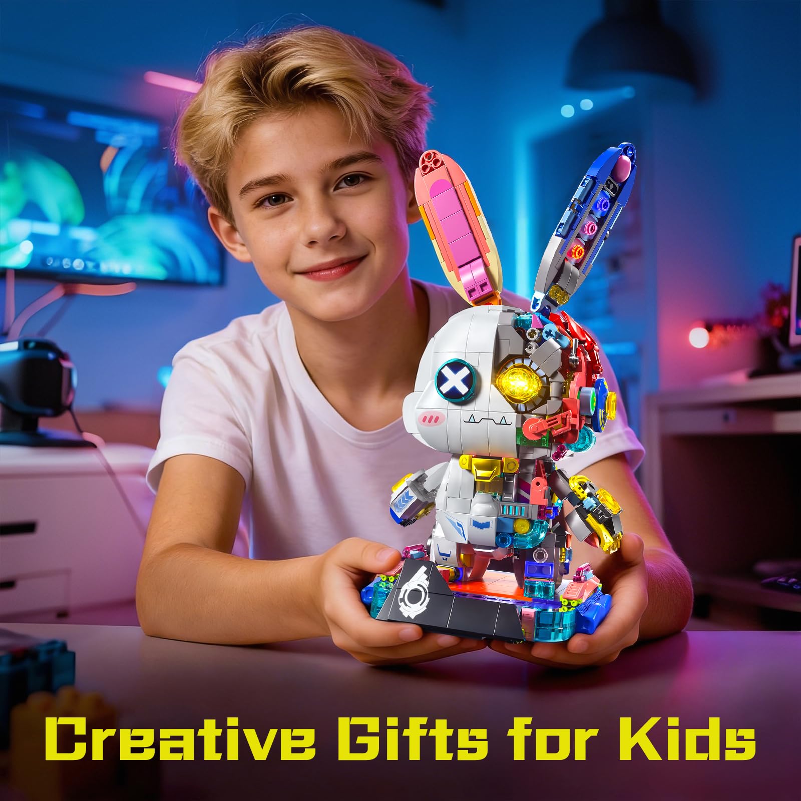 Mechanical Bunny Action Figure Toy Building Set 1377PCS Cyber Style Animal Collection Model Kit Creative Rabbit Toys with Lights&Display Stand Home