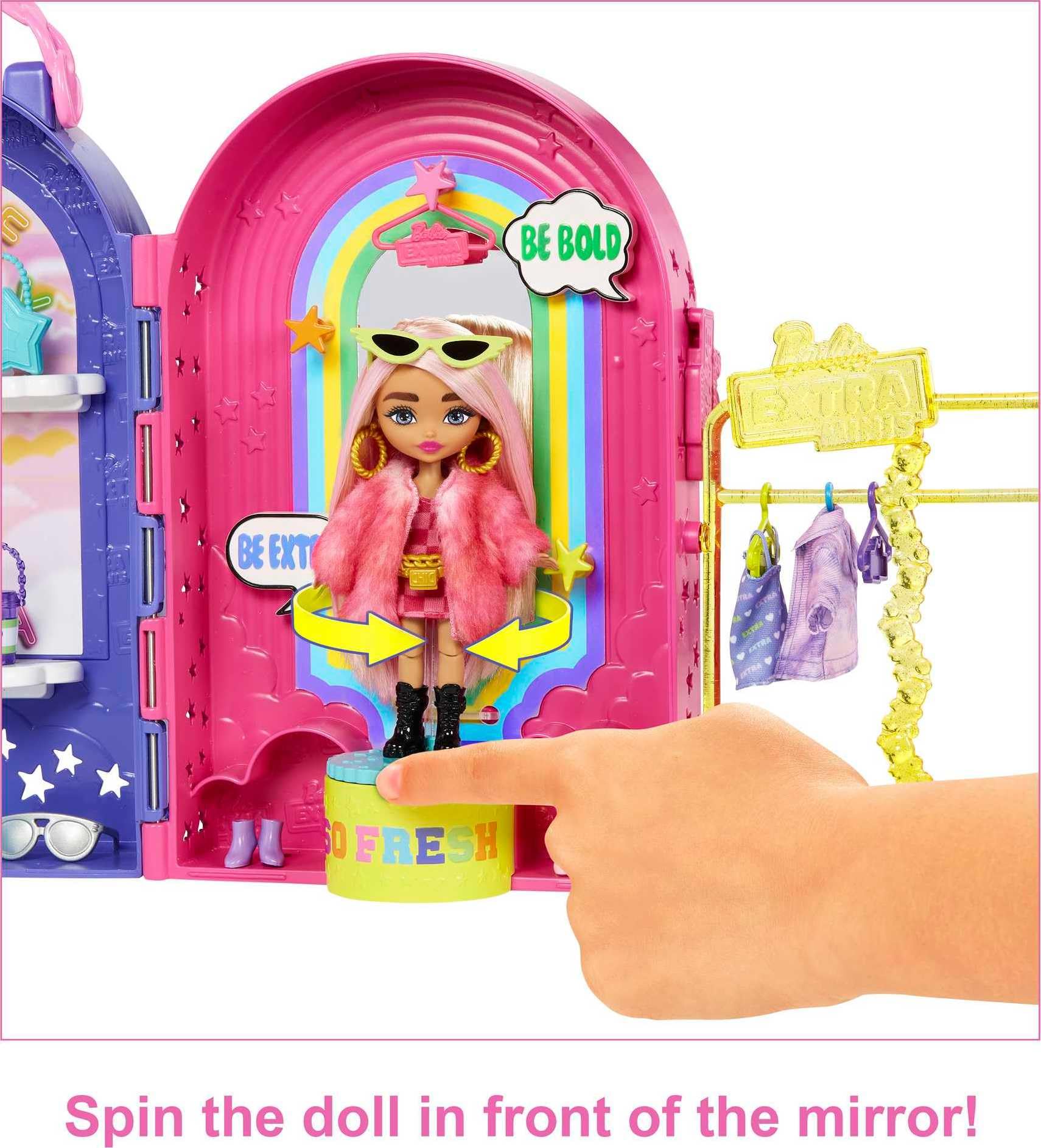 Barbie Extra Minis Doll & Fashion Playset with 15+ Pieces, Boutique with Small Doll, Clothes & Accessories Including Gummy Bear Keychain