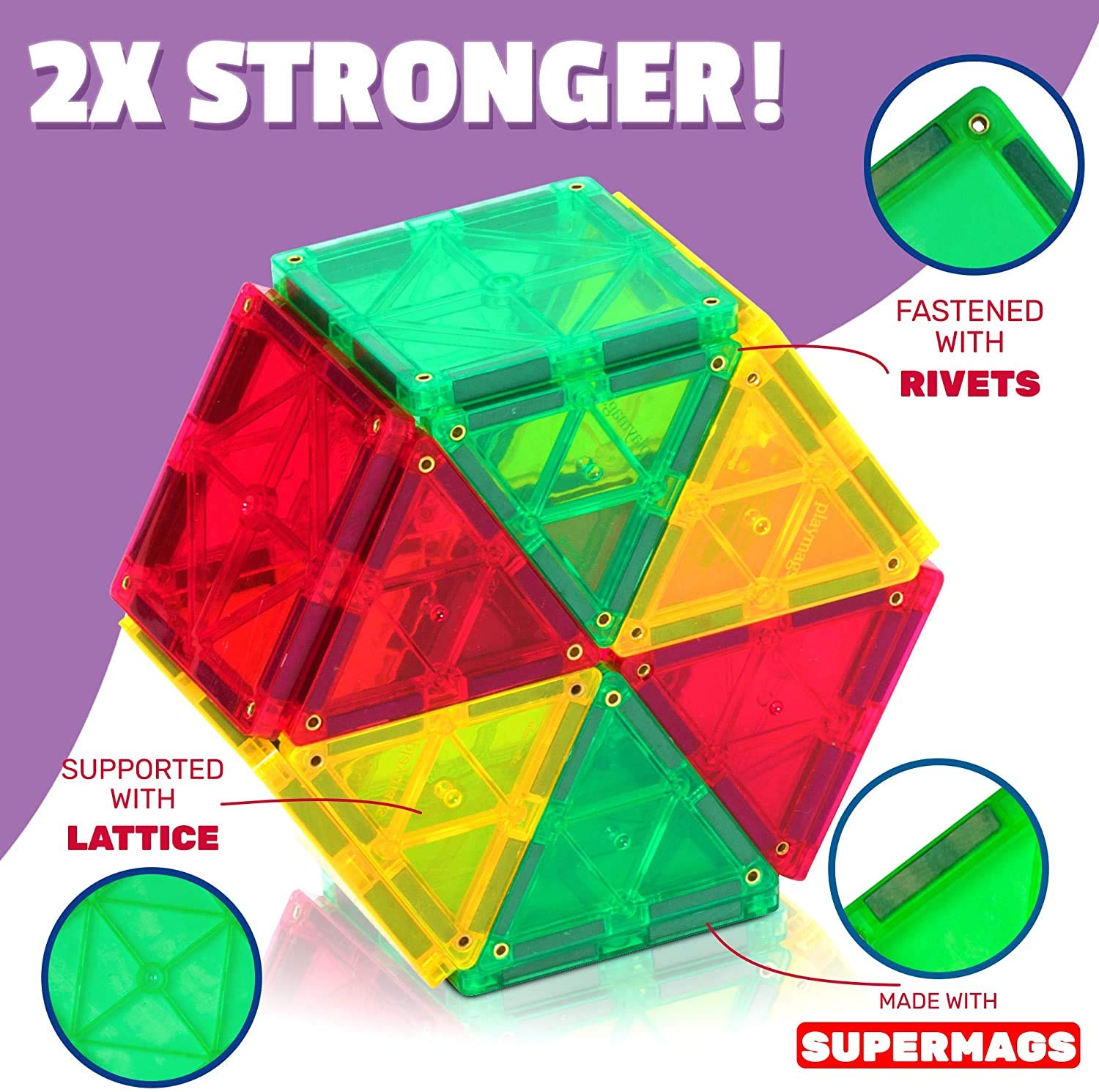 Playmags 48 Piece Set - with Stronger Magnets, STEM Toys for Kids, Magnetic Tiles and Building Blocks, Sturdy, Super Durable with Vivid Clear Color