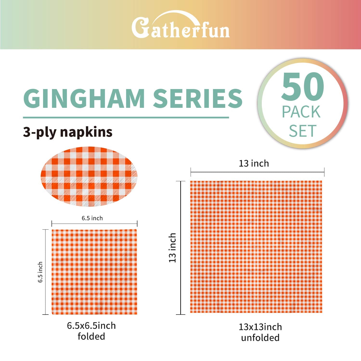 Gatherfun Disposable Paper Napkins 3-ply Orange and White Gingham Beverage Napkins for Dinner, Picnic, Birthday Party?6.5X6.5 in, 50-Pack)
