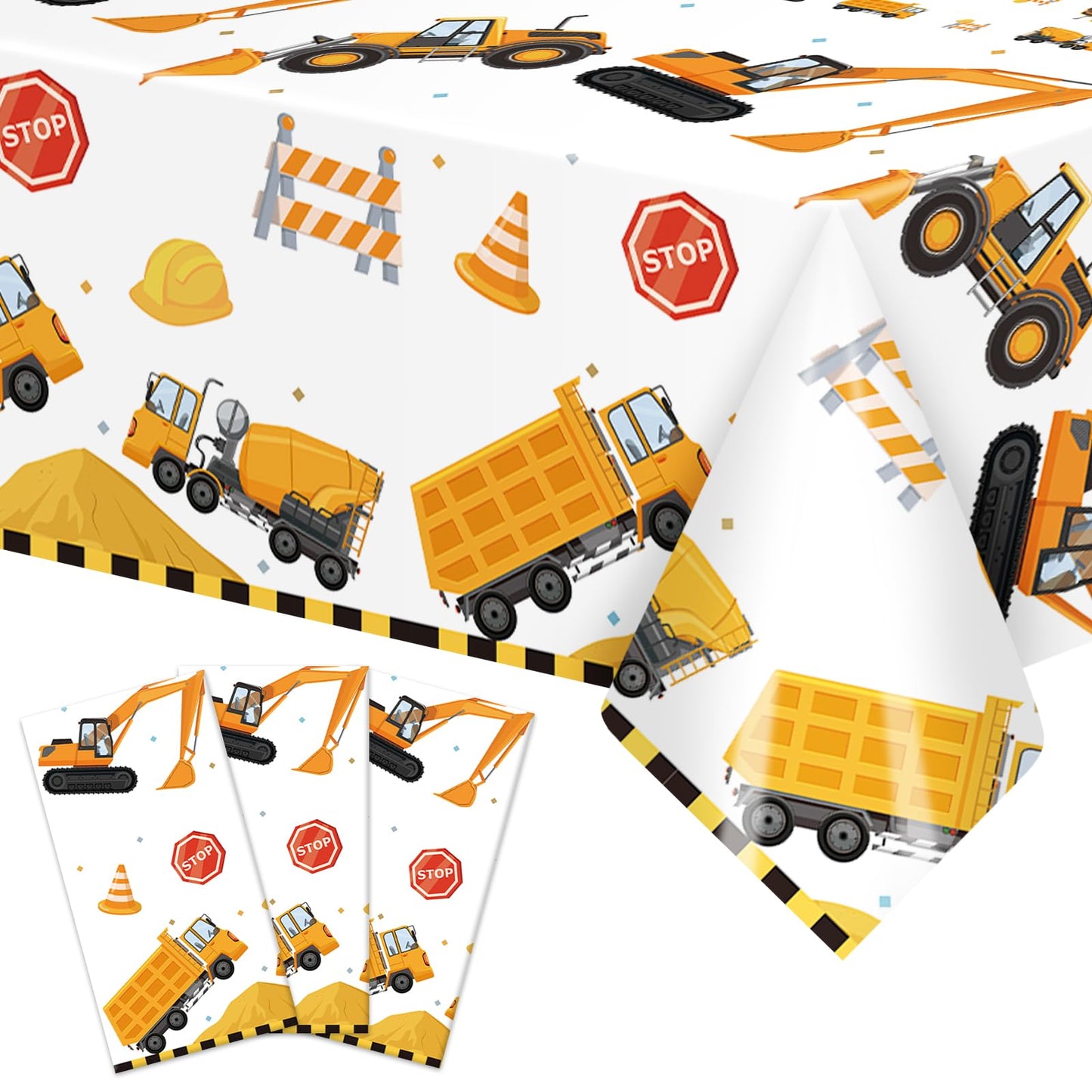 3-Piece 51 x 87 Inch Construction Plastic Tablecloth - Dump Truck and Traffic Sign Design, Disposable Rectangle Table Cover for Boys Birthday, Truck