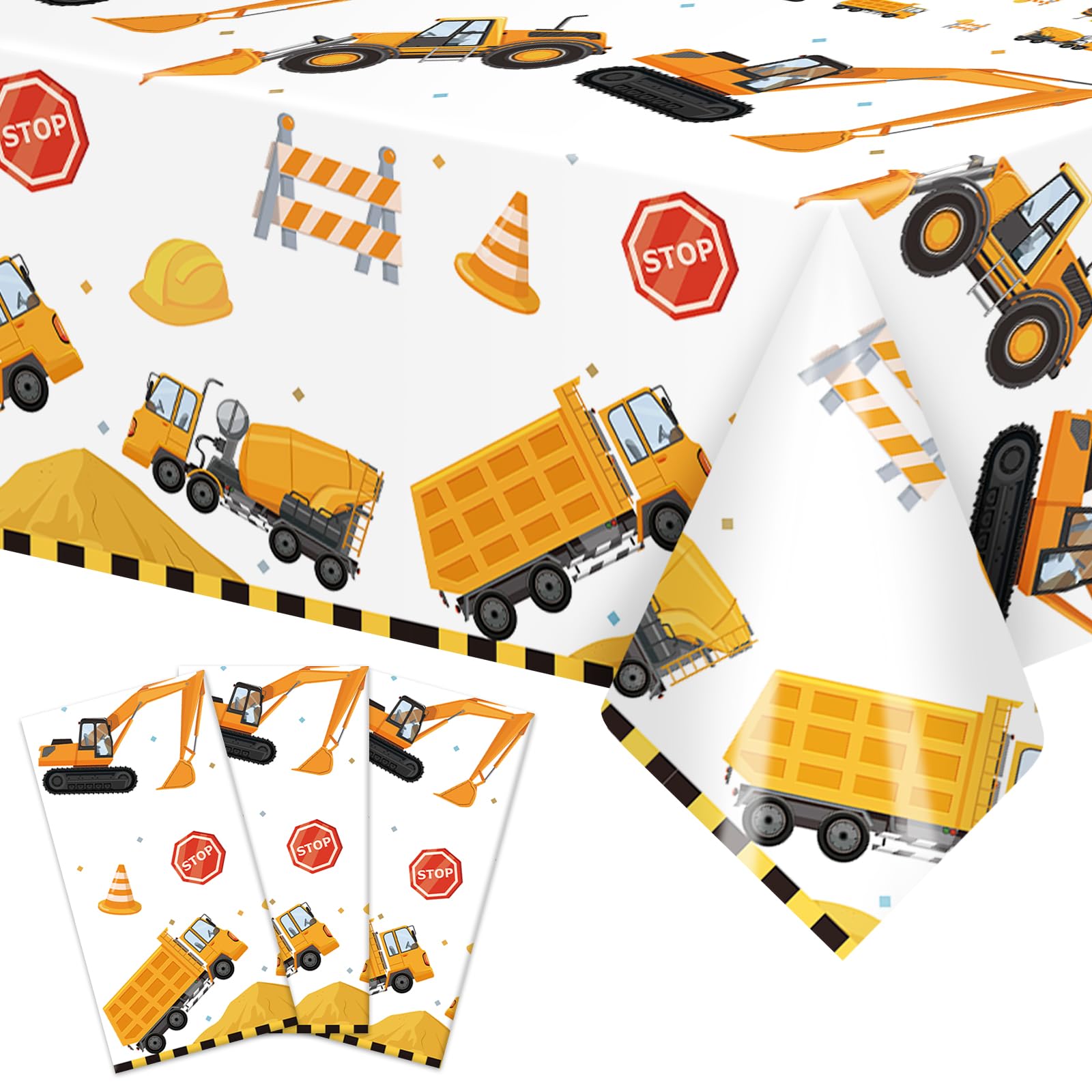 3-Piece 51 x 87 Inch Construction Plastic Tablecloth - Dump Truck and Traffic Sign Design, Disposable Rectangle Table Cover for Boys Birthday, Truck