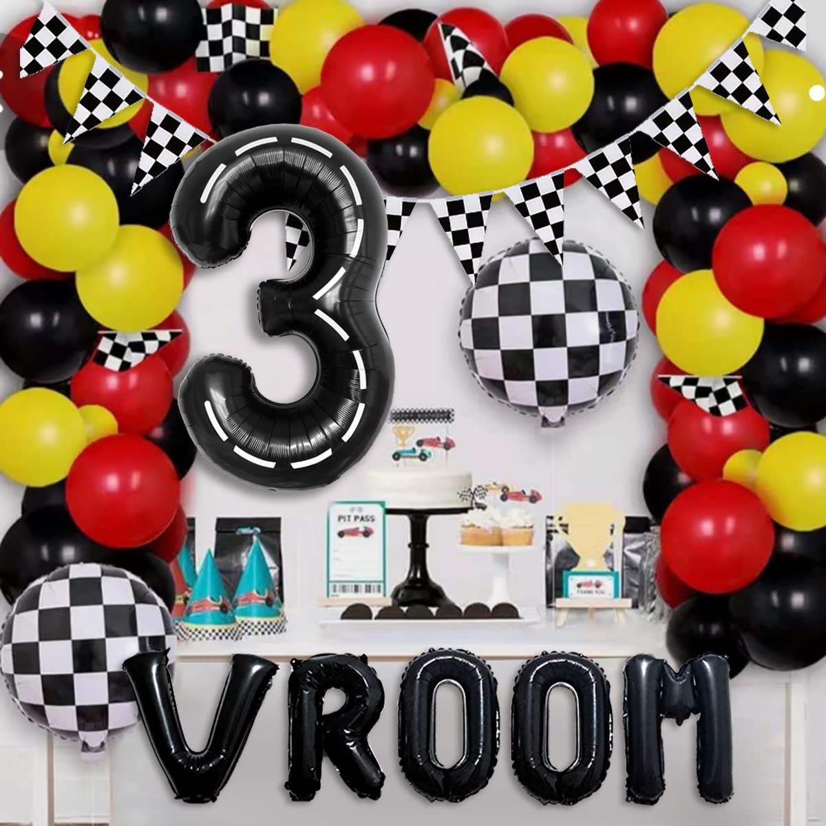 DEAPEICK 134pcs Balloons Race Car Party Supplies - Racing Car Theme Decorations Kit With Number Balloons, Garland, Vroom Birthday Party Decorations