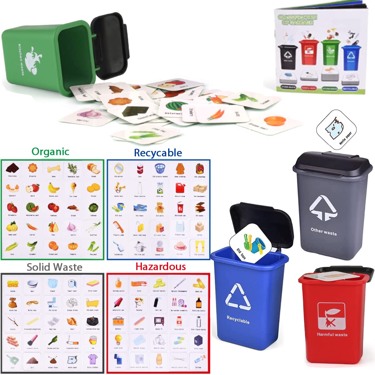 Liberty Imports Big Plastic Garbage Truck Toy, Waste Management Recycling Green Dump Vehicle with 4 Trash Cans and Recycle Sorting Cards for Little