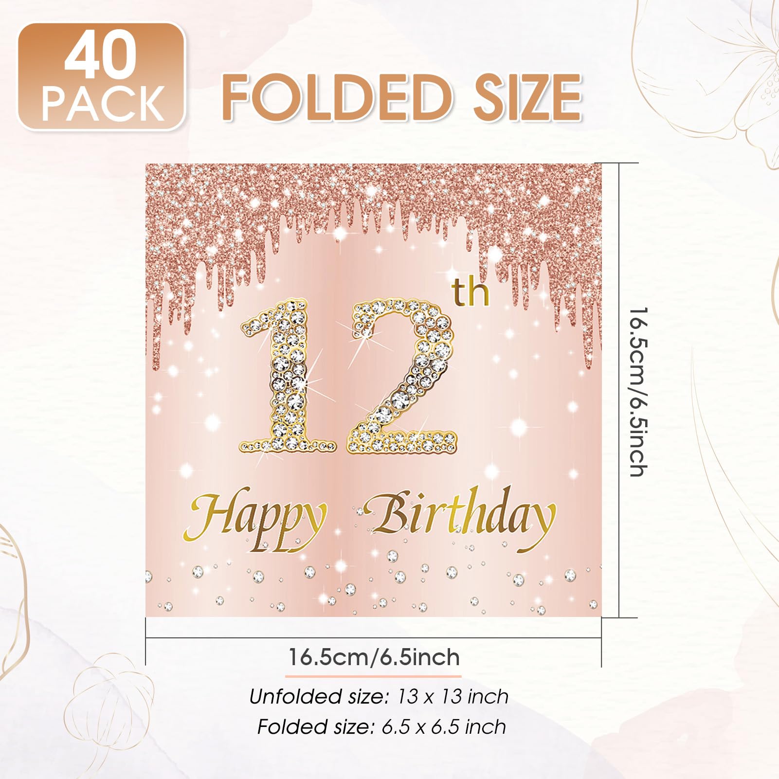 12th Birthday Decorations for Girls,40 Pcs Rose Gold 12th Birthday Napkins,13x13 Inches Disposable Party Tableware,Perfect for 12 Year Old Girl