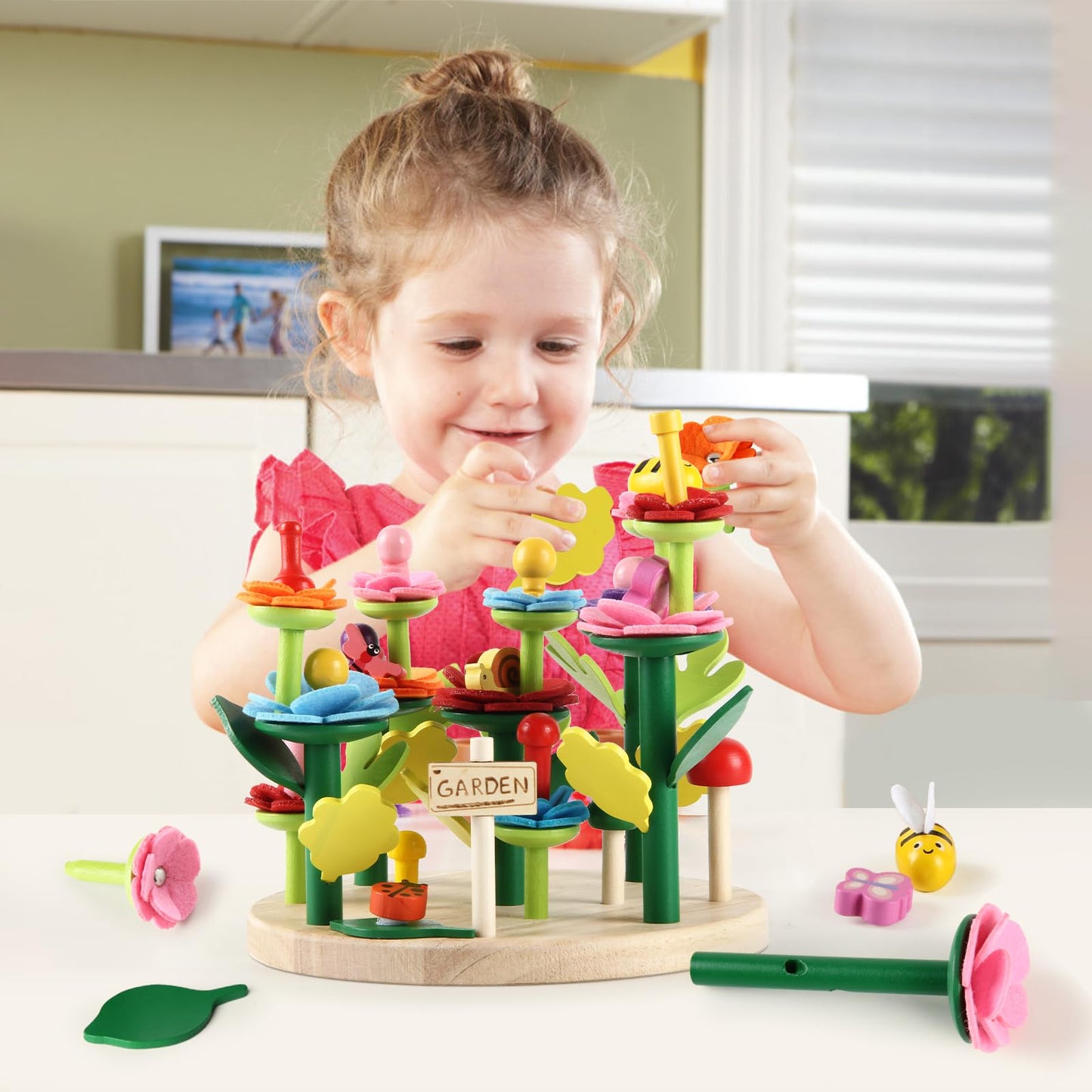 Wooden Flower Garden Building Toys for Kids, STEM Educational Activity Preschool Kit Gift for Boys Girls Age 3 4 5 6 7 Years Old, Stacking Game
