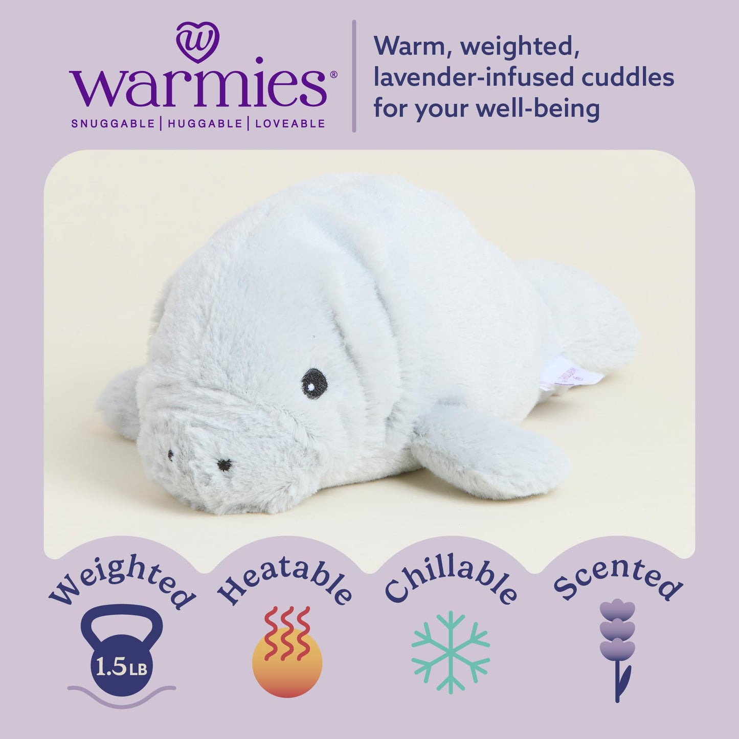 warmies Junior Microwavable & Weighted Stuffed Animals, Manatee - Heated Stuffed Animal Plushie for Warmth & Comfort - Cute Soft Plush Toys for Adults