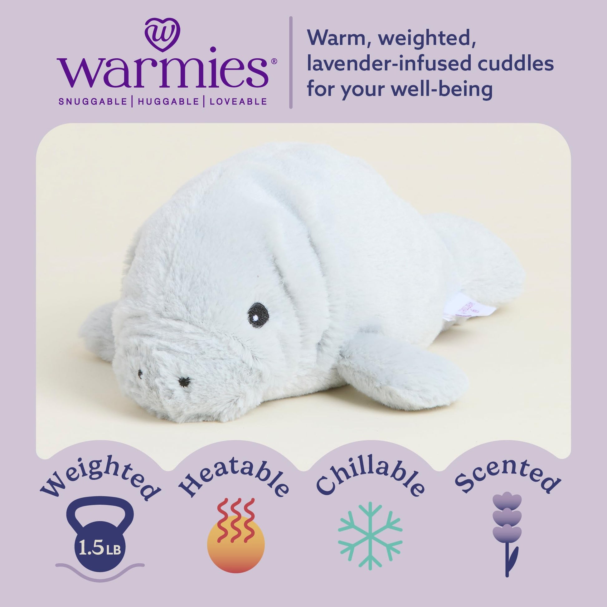 warmies Junior Microwavable & Weighted Stuffed Animals, Manatee - Heated Stuffed Animal Plushie for Warmth & Comfort - Cute Soft Plush Toys for Adults