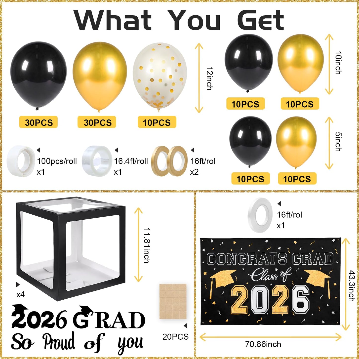 Picoway Graduation Decorations Class of 2026 ,Black and Gold Graduation Party Decorations include 4 Pcs Balloons Boxes with Letters, 110 Pcs Balloon