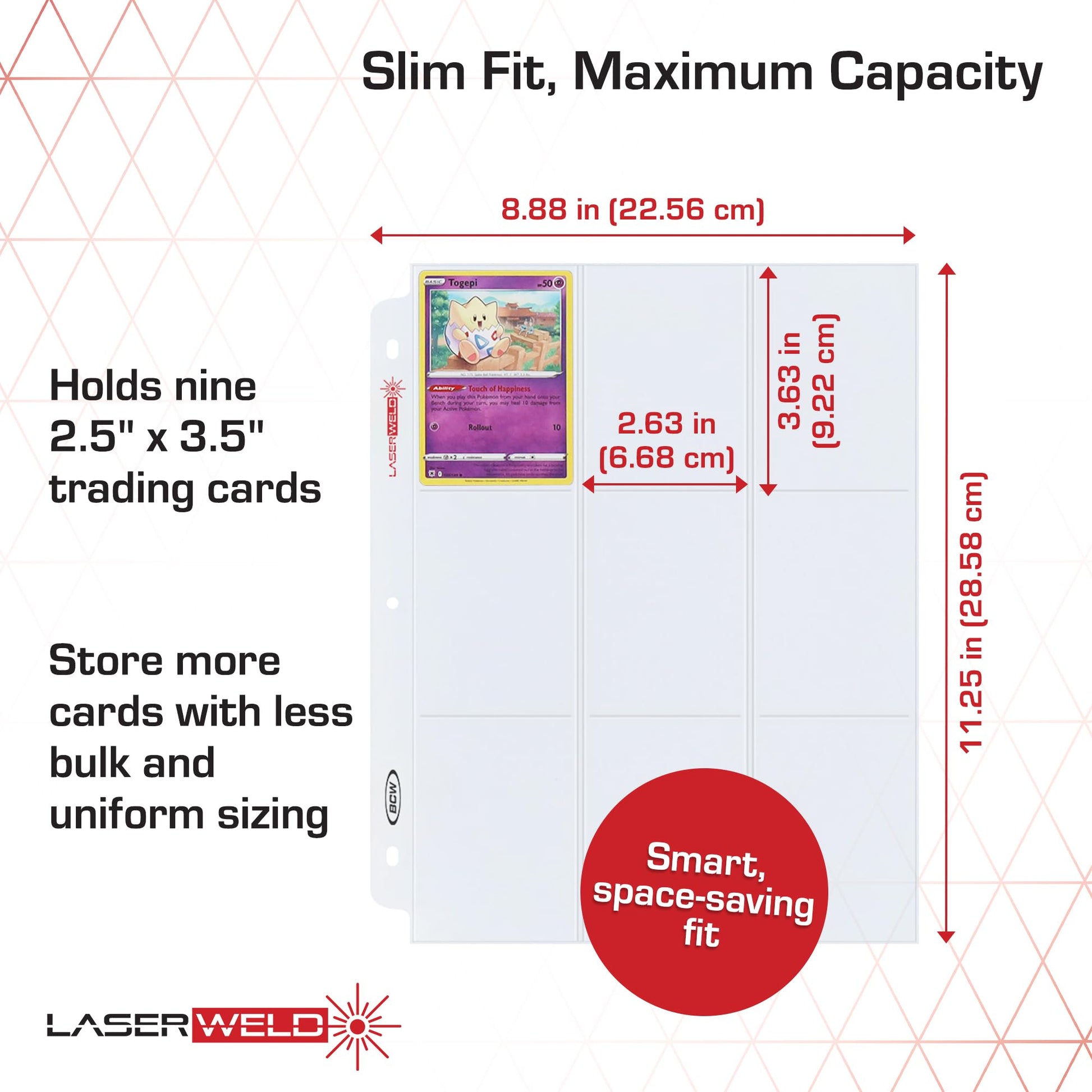 BCW LaserWeld 9-Pocket Page - Side Load 100ct | Holds Nine 2½" x 3½" Trading Cards | Acid-Free Card Storage | Laser-Welded Seams for Durability |
