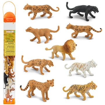 Safari Ltd. Big Cats TOOB - 9 Mini Figurines Including Lion, Tiger, White Tiger, Jaguar, Black Jaguar, Mountain Lion, Cheetah, Leopard, and Ocelot