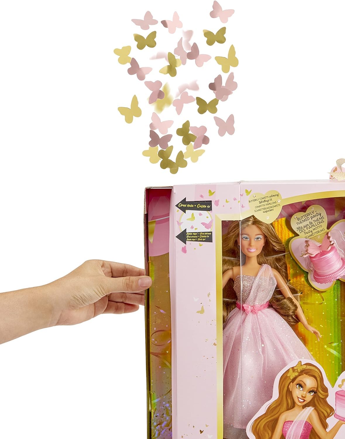 MGA Entertainment Dream Ella Let's Celebrate Doll DreamElla, Pink & Gold Glitter Butterfly Confetti Unboxing 11.5" Brunette Party Fashion Doll + 5