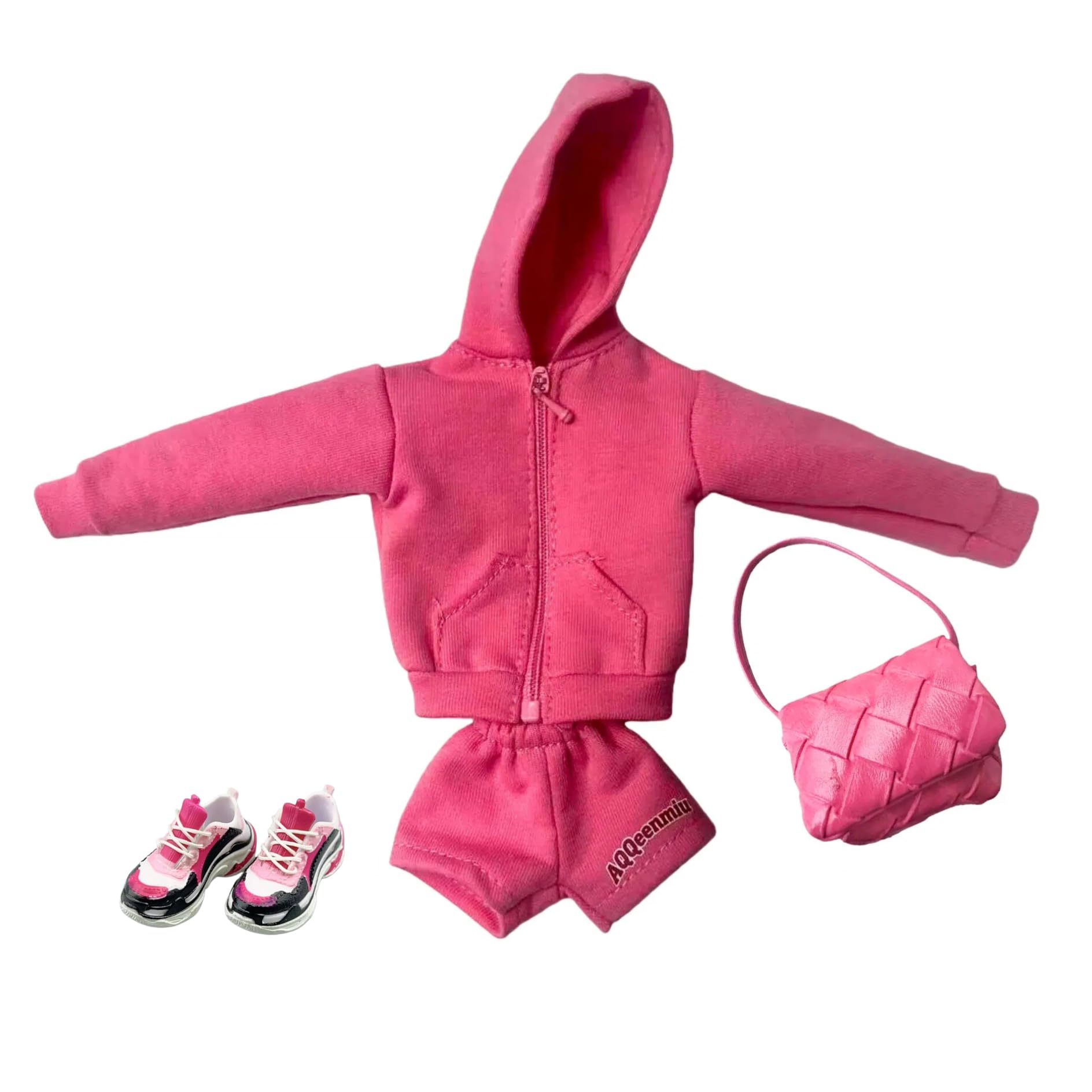 AQQeenmiu Fashion Doll Clothes Set, Pink Hoodie Outfit with Shorts, Bag and Shoes, for 11.5-12 Inch Dolls, 1/6 Scale Figure Clothing
