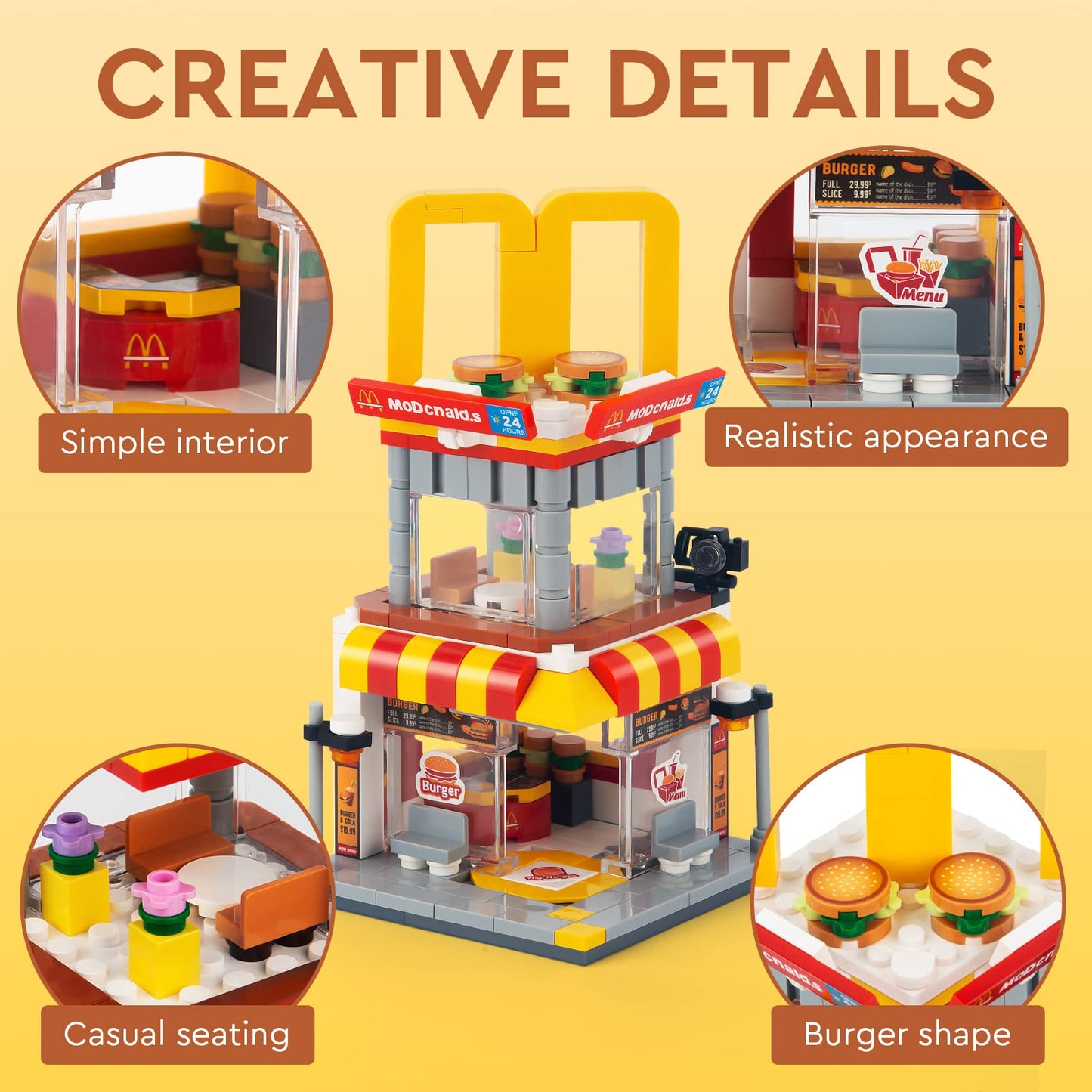 HIGH GODO City Street View Burger Shop Building Set, MOC Creative Model Set Creative Model Toys, Unique Home Decor, Ideas Birthday Holidays Toy Gift