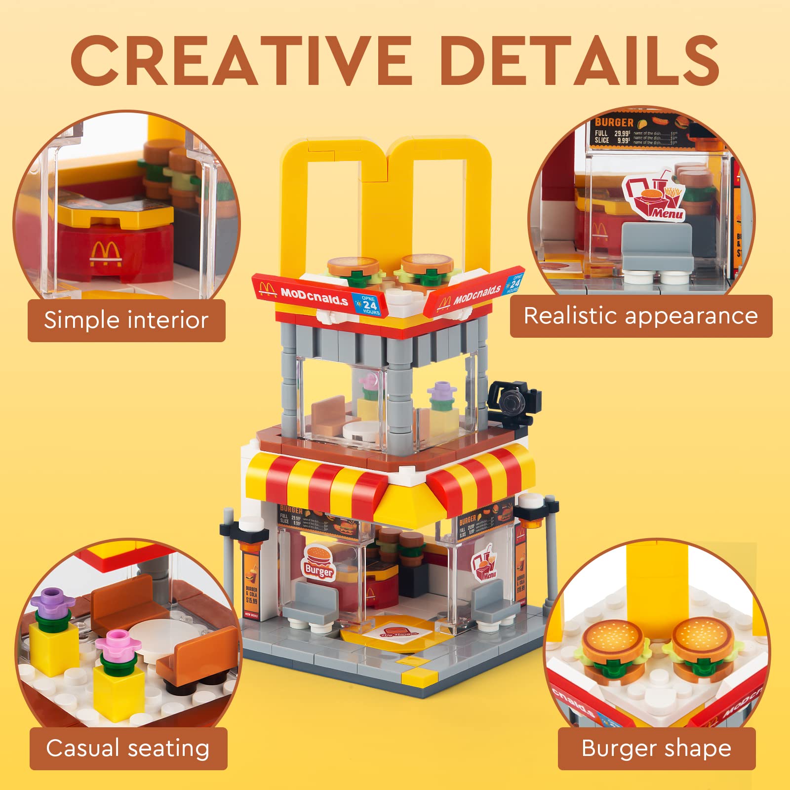 HIGH GODO City Street View Burger Shop Building Set, MOC Creative Model Set Creative Model Toys, Unique Home Decor, Ideas Birthday Holidays Toy Gift