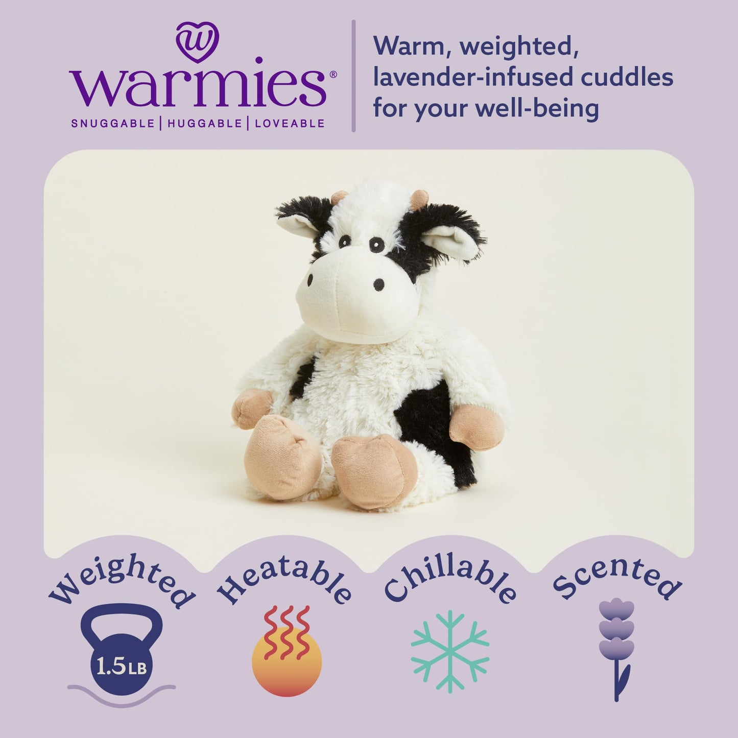 warmies Microwavable & Weighted Stuffed Animals, Black & White Cow - Heated Stuffed Animal Plushie for Warmth & Comfort - Cute Soft Plush Toys