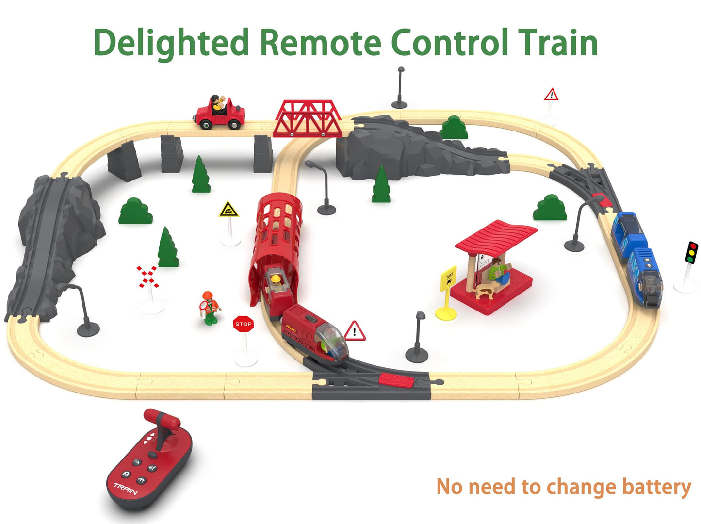 Remote Control Train Set with Light & Sound Tunnel - Battery Operated Bullet Train for Wooden Track, Compatible with Thomas & Brio, Gift for Kids 3-5