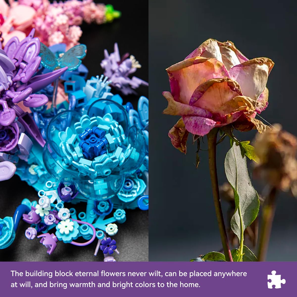 Moon Eternal Flower Decoration Building Set for Adults, 977 Pcs Micro-Particle Crescent-Shaped Artificial Flowers Building Blocks with Built-in