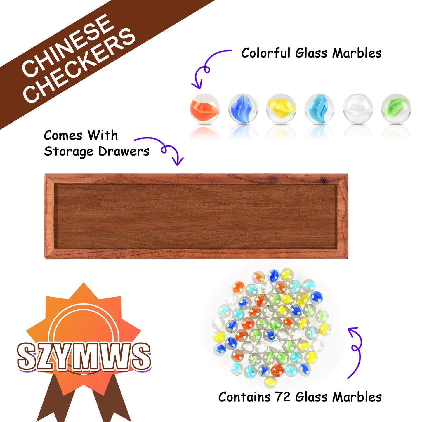 12.7 Inches Wooden Chinese Checkers Set with Storage Drawer -60 Glass Marbles in 6 Colors -12 Bonus Spare Marbles| Chinese Checkers Board Game