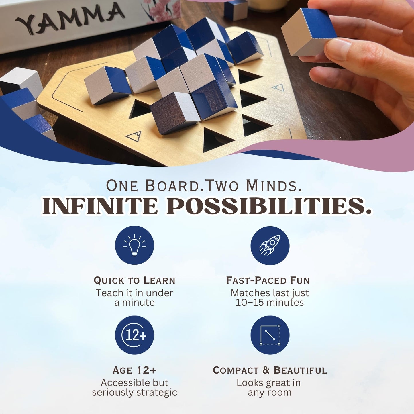 yamma 4-in-a-Row Game with Wooden Spinning Board, 3D Visual Strategy Experience for Ages 12+, a Quick and Clever Challenge Ideal for Families, Teens