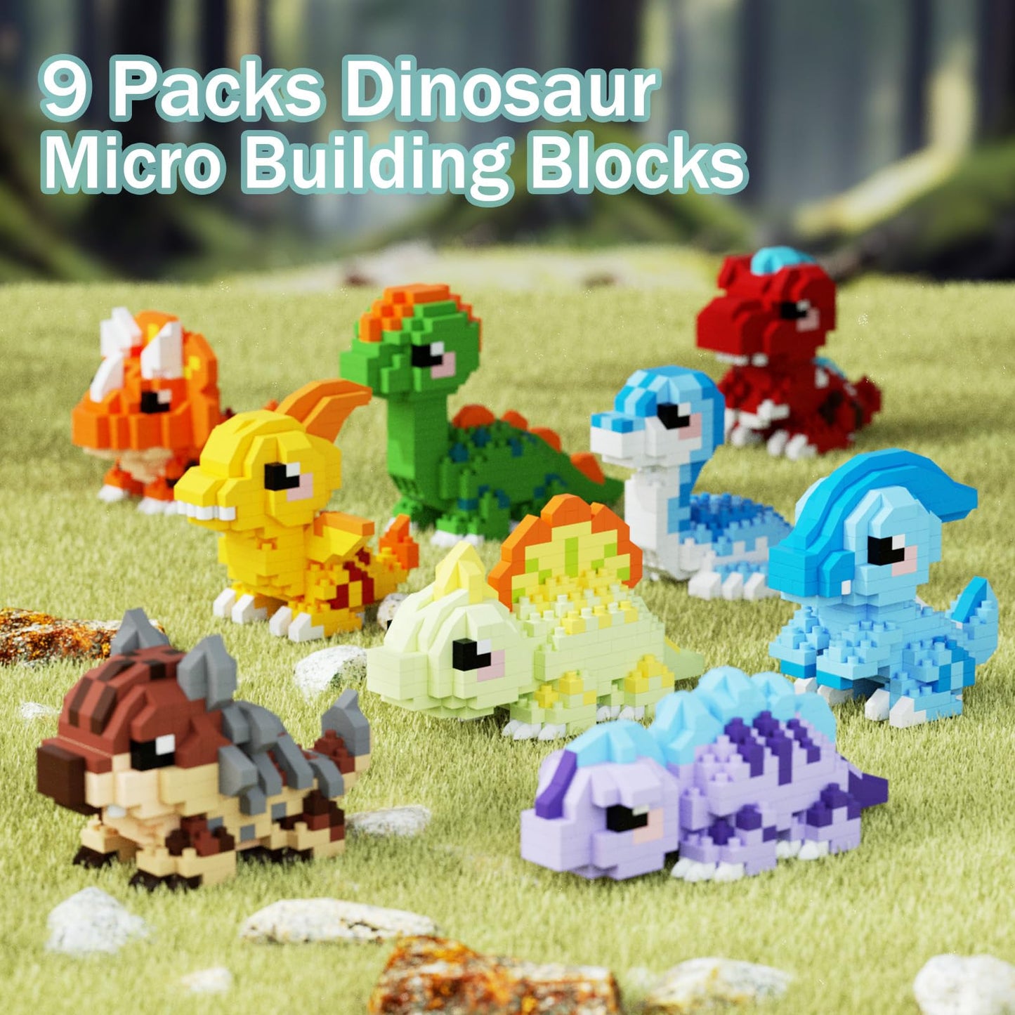 TENYEAH 9 Packs Mini Building Set Dinosaur Toys for Adult, Cut Dionsaur Building Blocks Party Favors Toys, Assemble Game Home Decor Creative Birthday