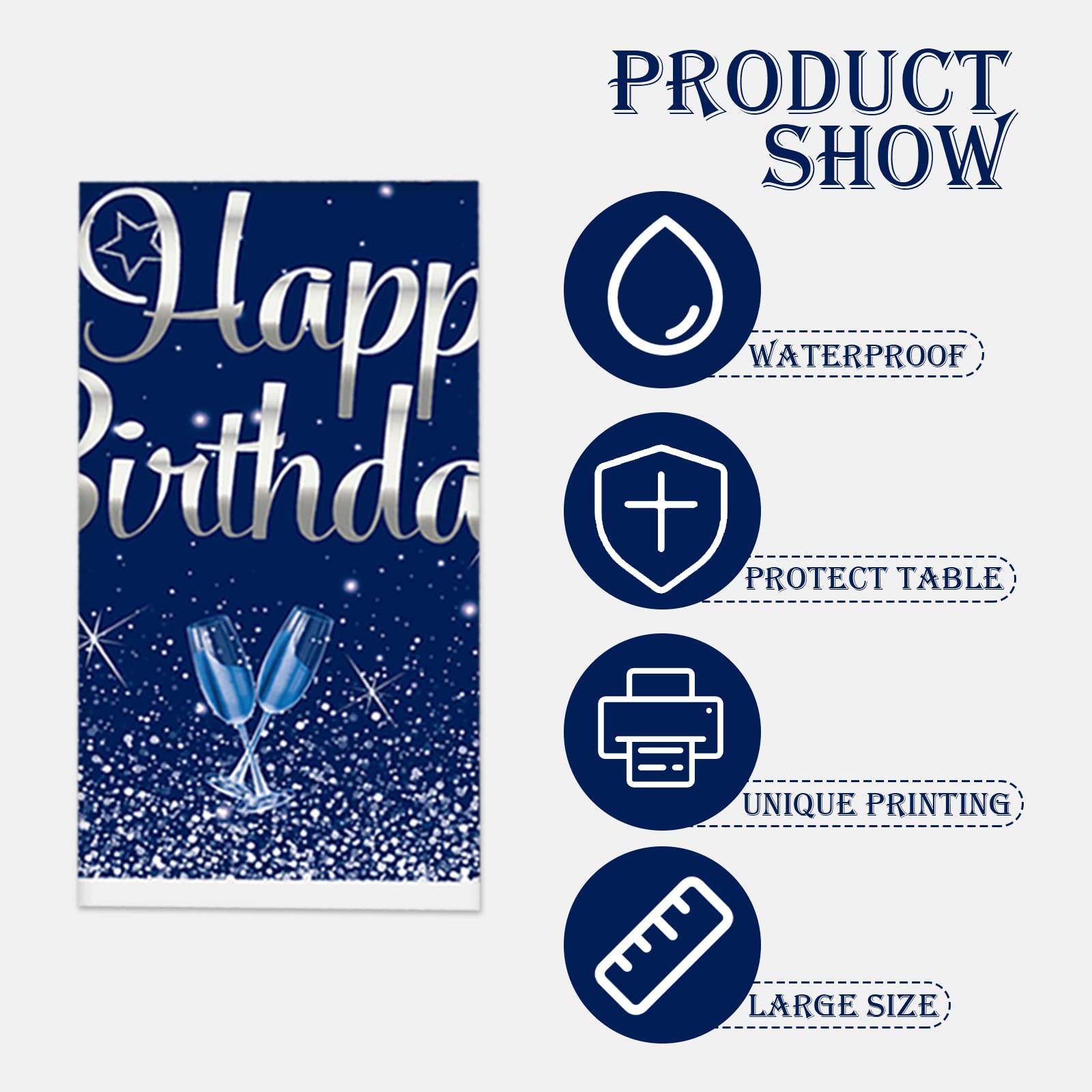 QUERICKY 2 Pack Navy Blue and Silver Happy Birthday Tablecloths, 51x87'' Plastic Disposable Rectangle Table Cover for Men Women Boys Girls Birthday