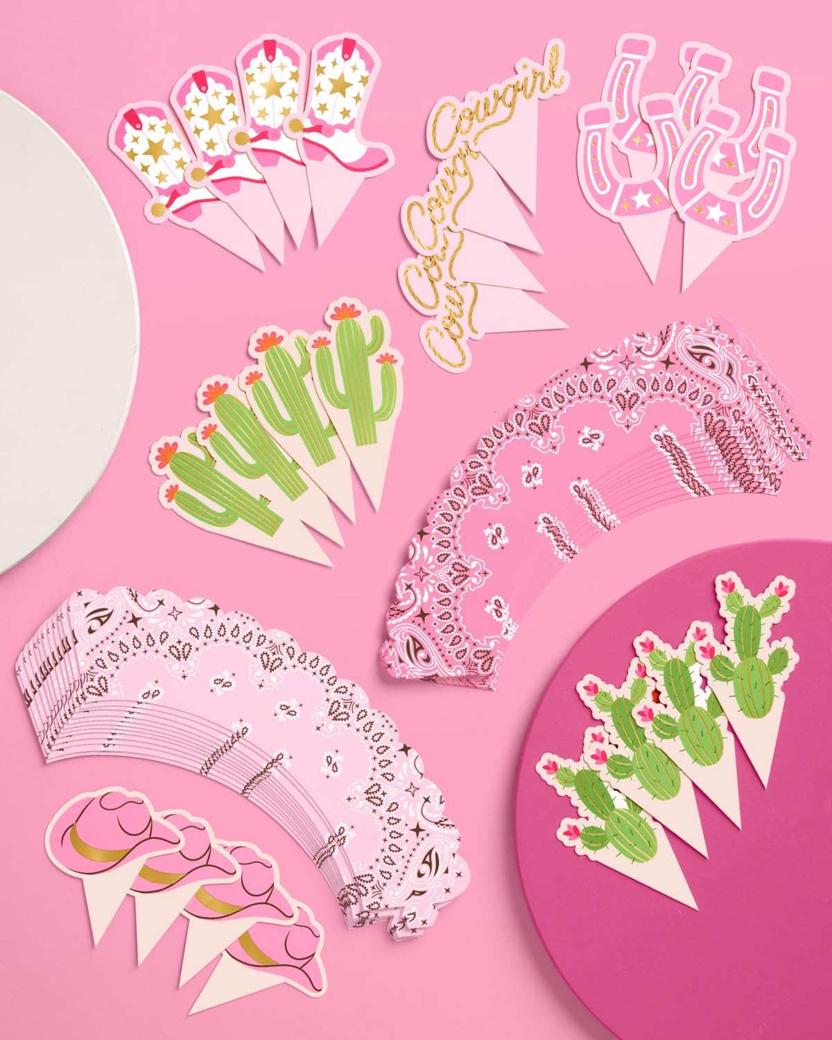 xo, Fetti Cowgirl Cupcake Toppers and Wrappers - 24 Pc Set | Pink Western, First Rodeo Birthday, Bandana Party, Western Cowboy Cake Decor