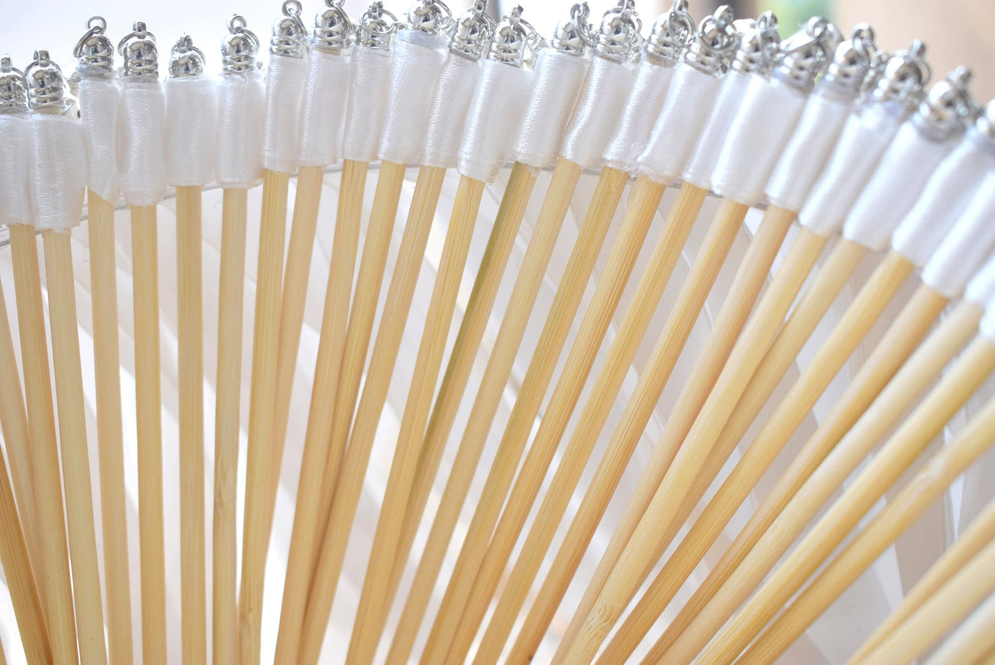 Kingsnow 100 Pieces Lace Wedding Ribbon Wands with Triple Ribbon and Silver Bell Wand Silk Fairy Stick Wand Streamers Party Ribbon Sticks Magic Fairy