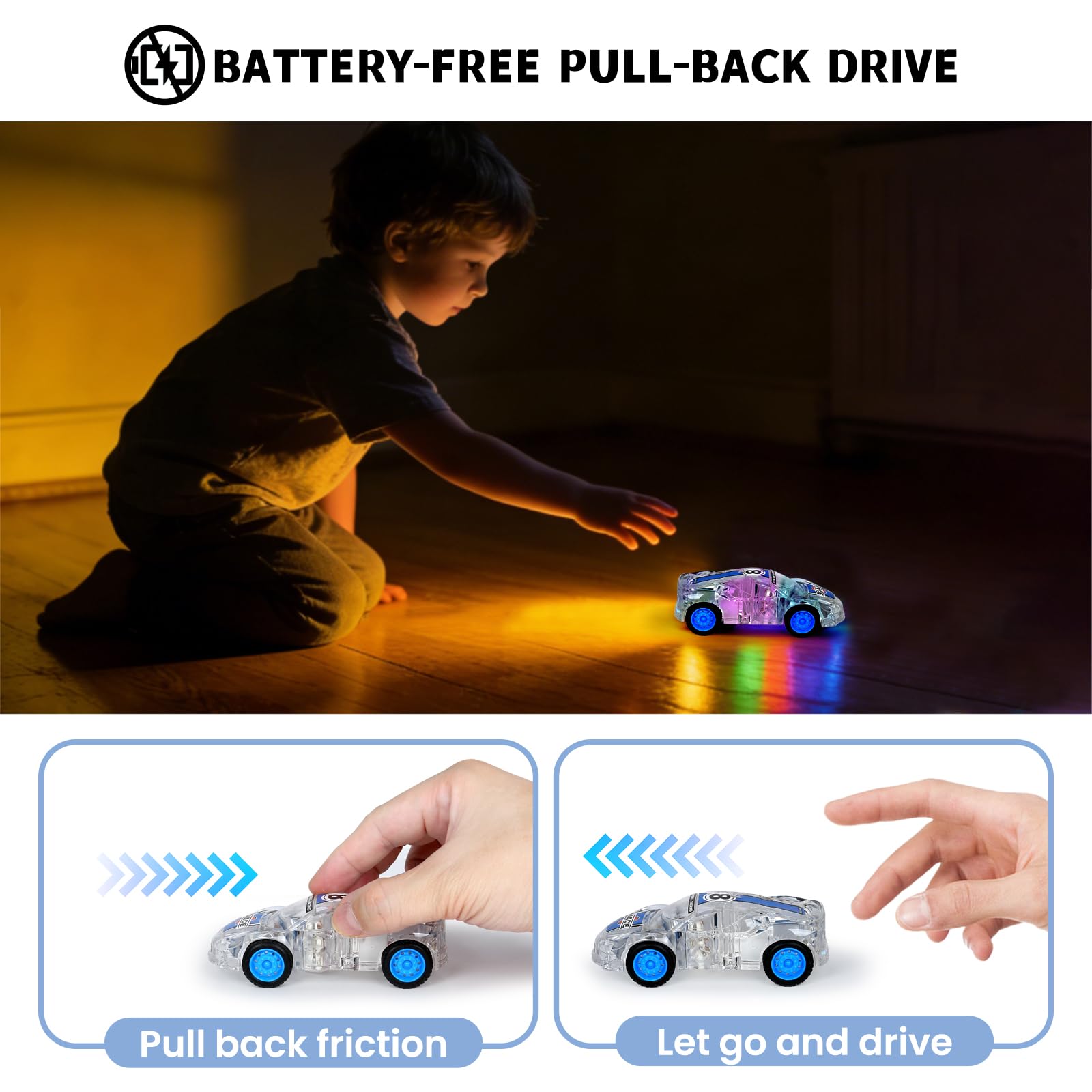 Qimicoocoo Race Cars Toys LED Light Up Kids Toys Pull Back Cars Set 3 4 5 6 7 8 Years Kids Birthday Party Gift