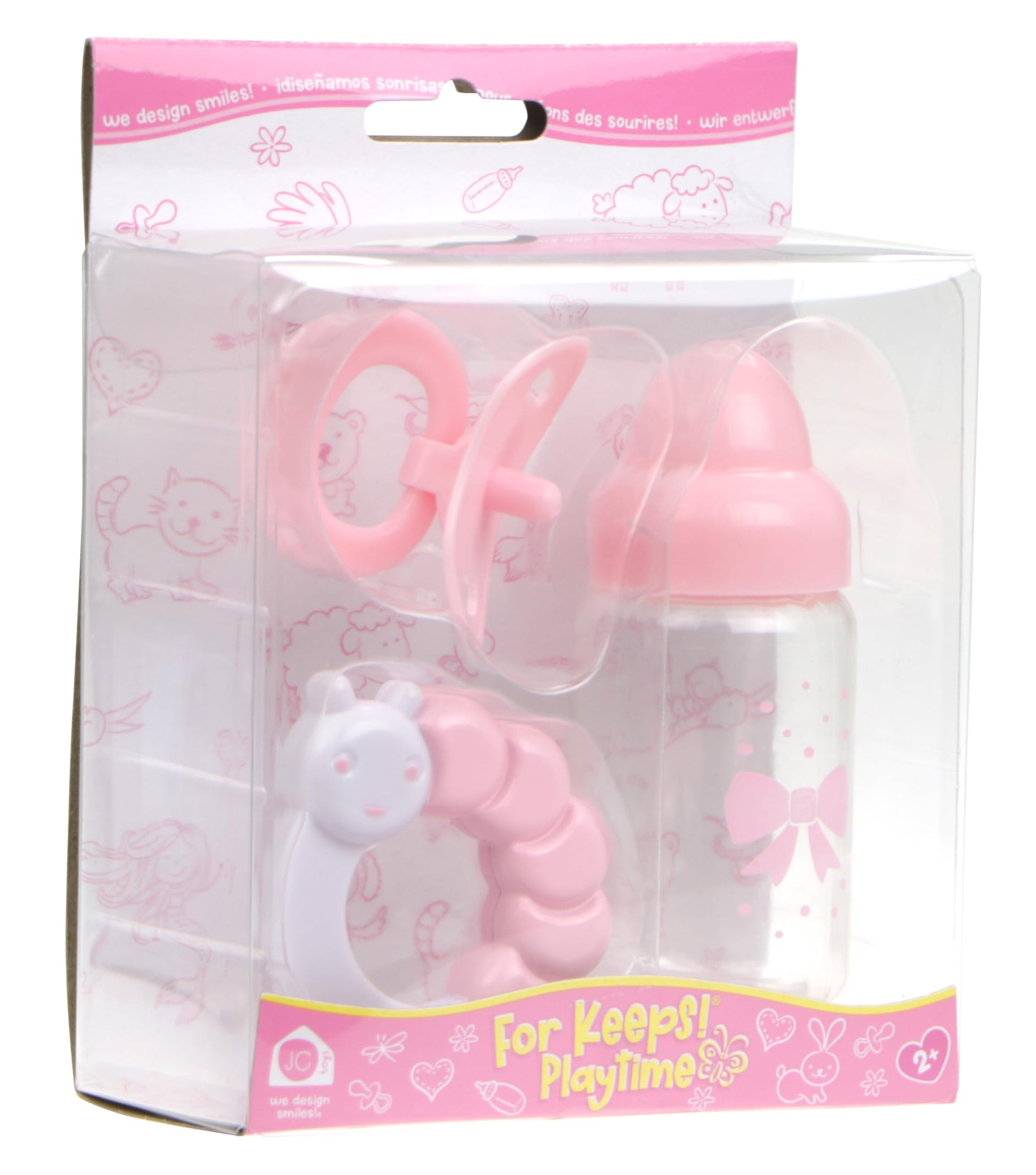 Pink Baby Doll Bottle, Rattle & Pacifier Set | JC Toys - for Keeps Playtime! | Fits Many Dolls up to 15" | Play Accessories | Ages 2+
